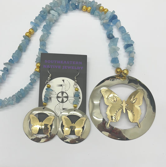 Charley Johnson Butterfly Medallion and Earring Set with Aquamarine Beads