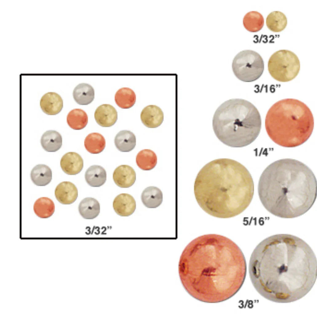 Assorted Native American craft beads in copper, silver, and gold tones, various sizes from 3/32" to 3/8" for traditional art projects