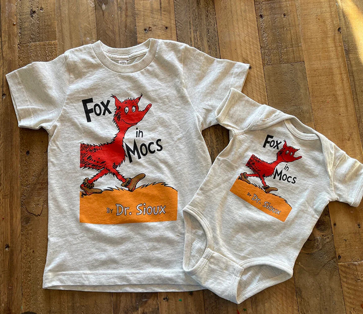Fox in Socks Dr. Seuss kids t-shirt and baby onesie set on wood floor