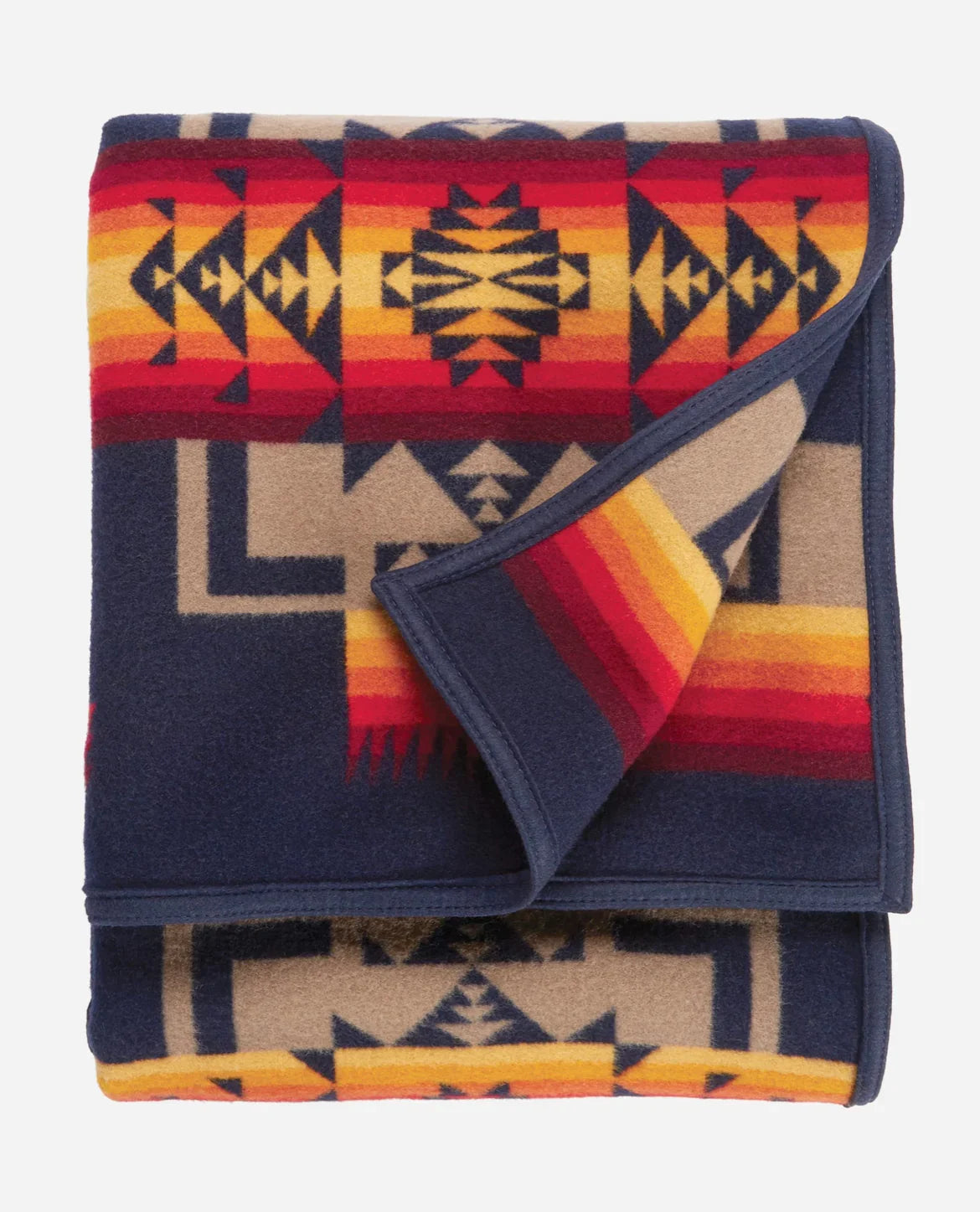 Native American patterned blanket with geometric designs in red, orange, and navy blue