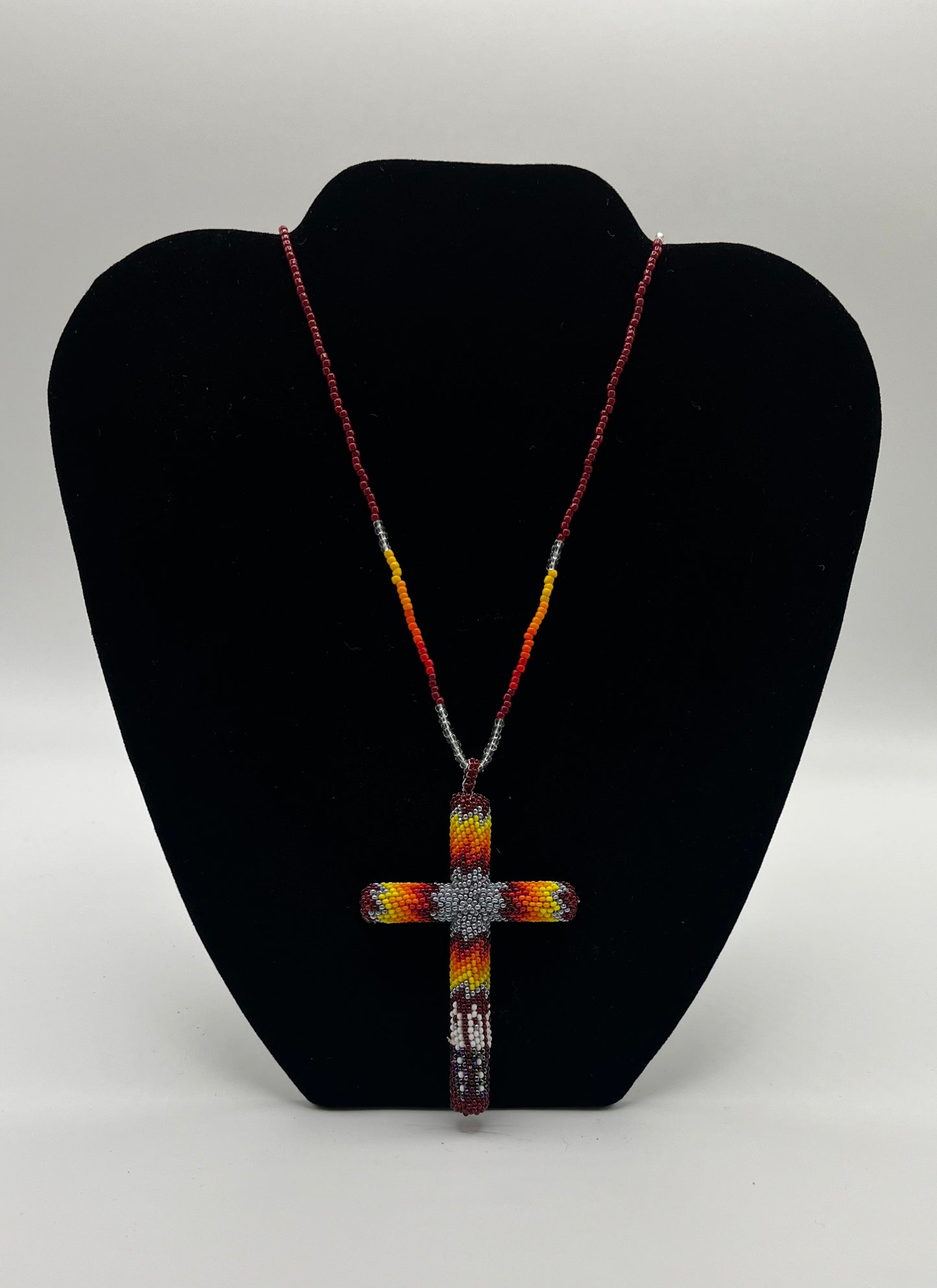 Beaded Cross; Grey and Maroon