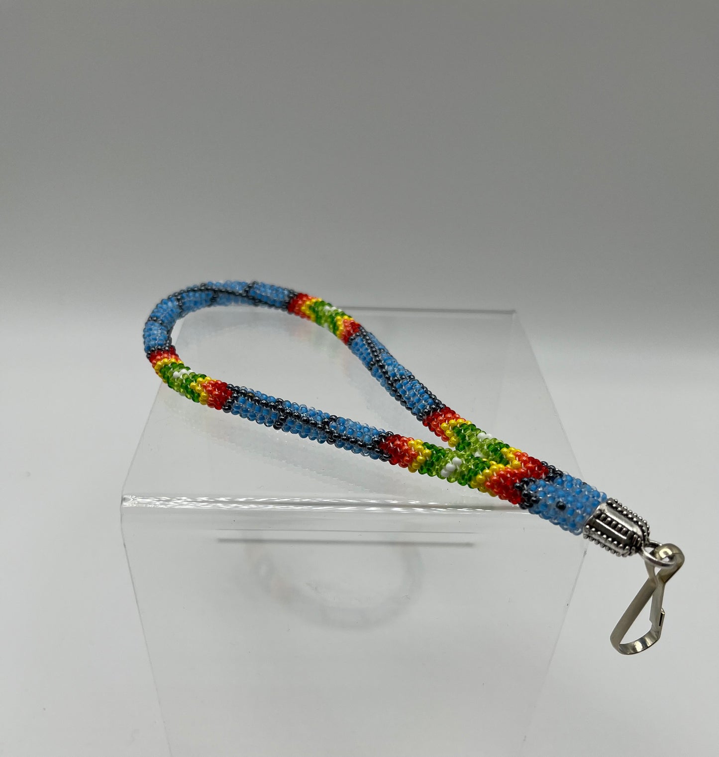 Beaded Keychain Wristlet; Blue with Green and Yellow Detail