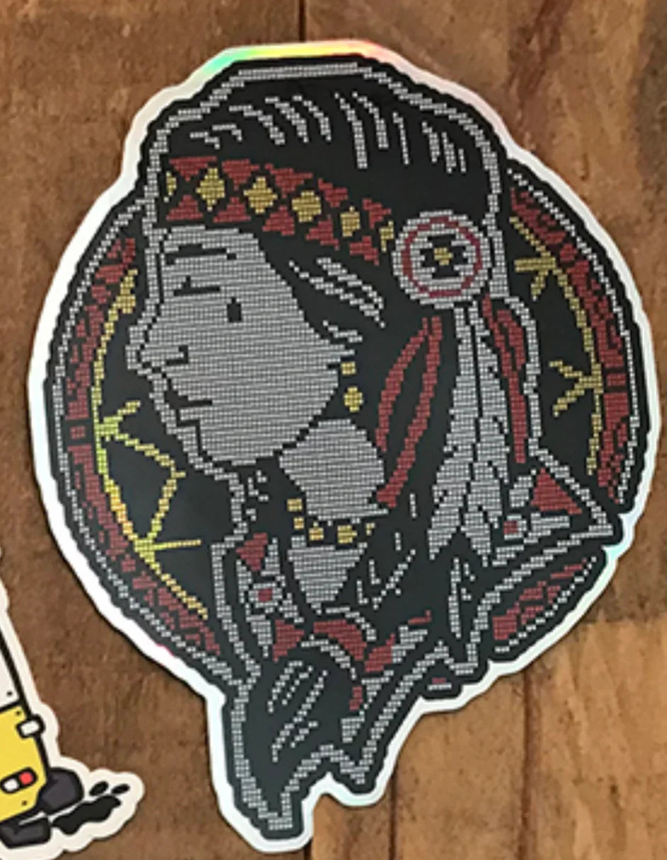Native American beaded art sticker with traditional headdress and geometric patterns