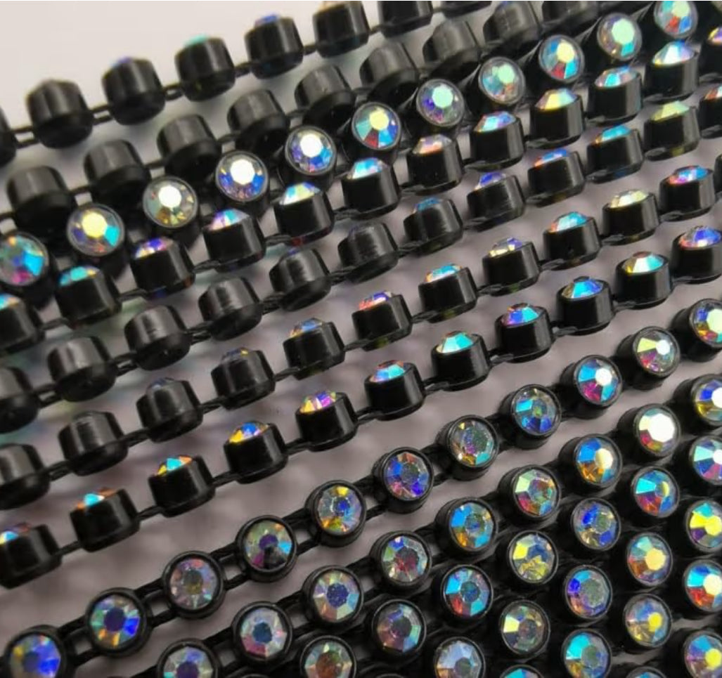 Rhinestone Banding; SS8 AB Black (per yard)