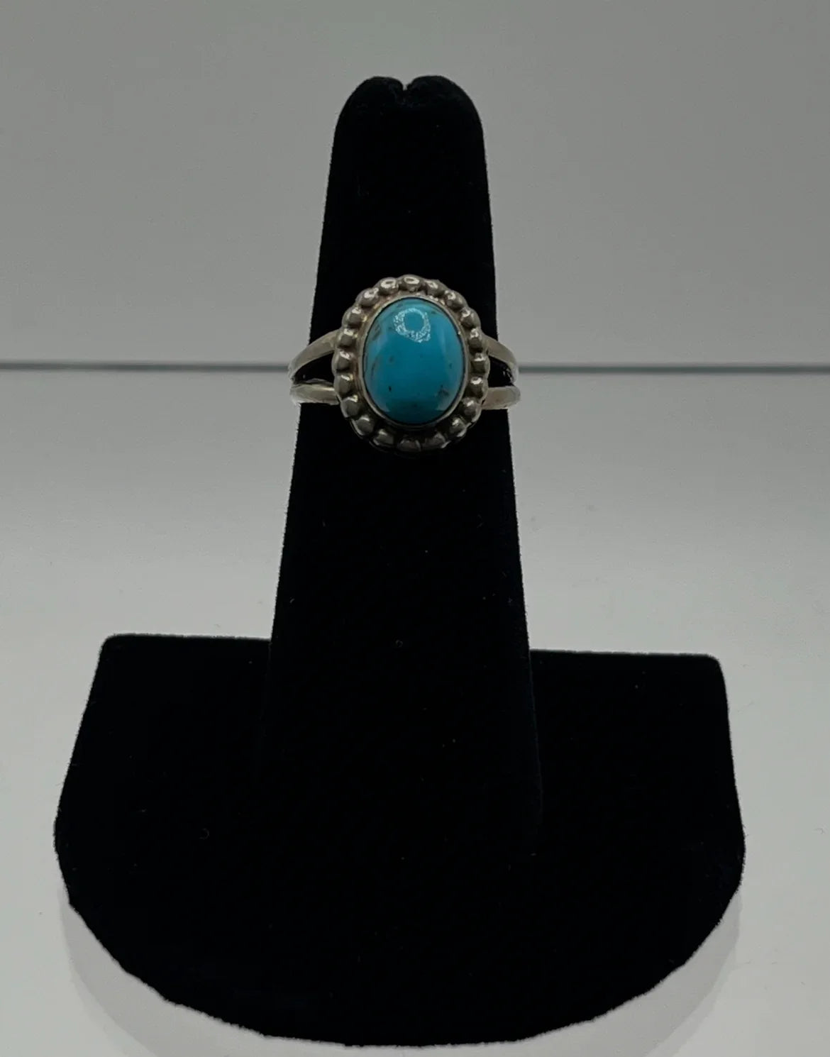 Small, BlueTurquoise and Sterling Silver Ring with Dot Edge Detail; Size 6
