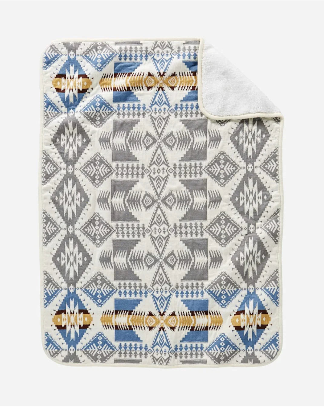 Native American patterned blanket with geometric designs in blue, gray, and gold, ideal for traditional crafts and decor.
