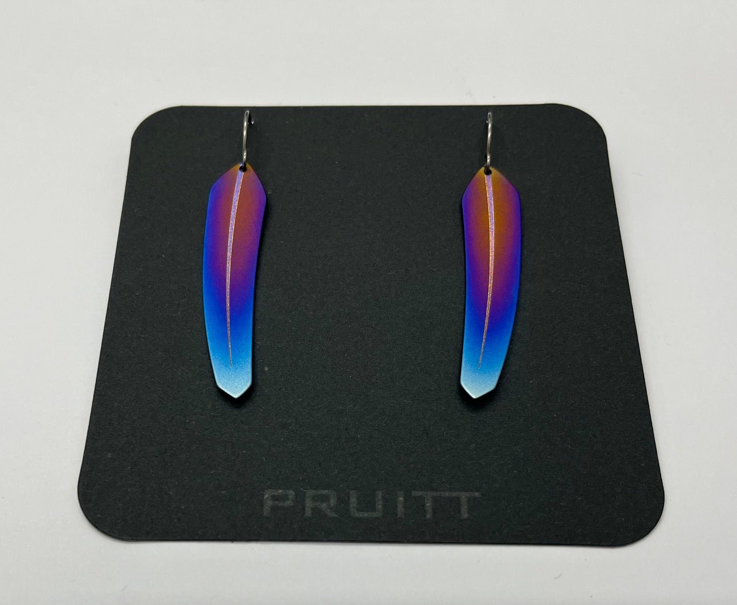 Pat Pruitt Titanium Small Feather Earrings Burnt Orange with Purple, Dark Blue and Light Blue Tips