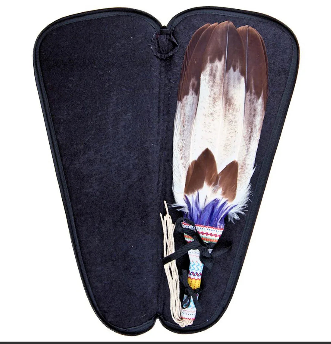 Native American feather fan with beaded handle in black case, traditional craft supply