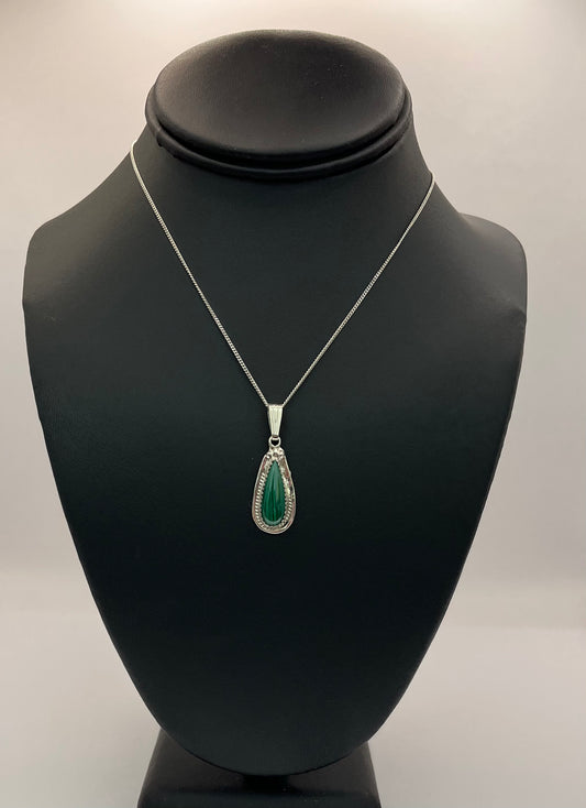 Malachite and Sterling Silver Tear Drop Shaped Pendant with Chain