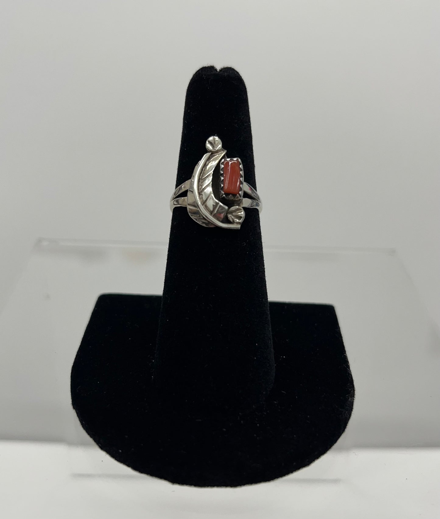 Coral and Sterling Silver Ring with Feather Detail Size 7