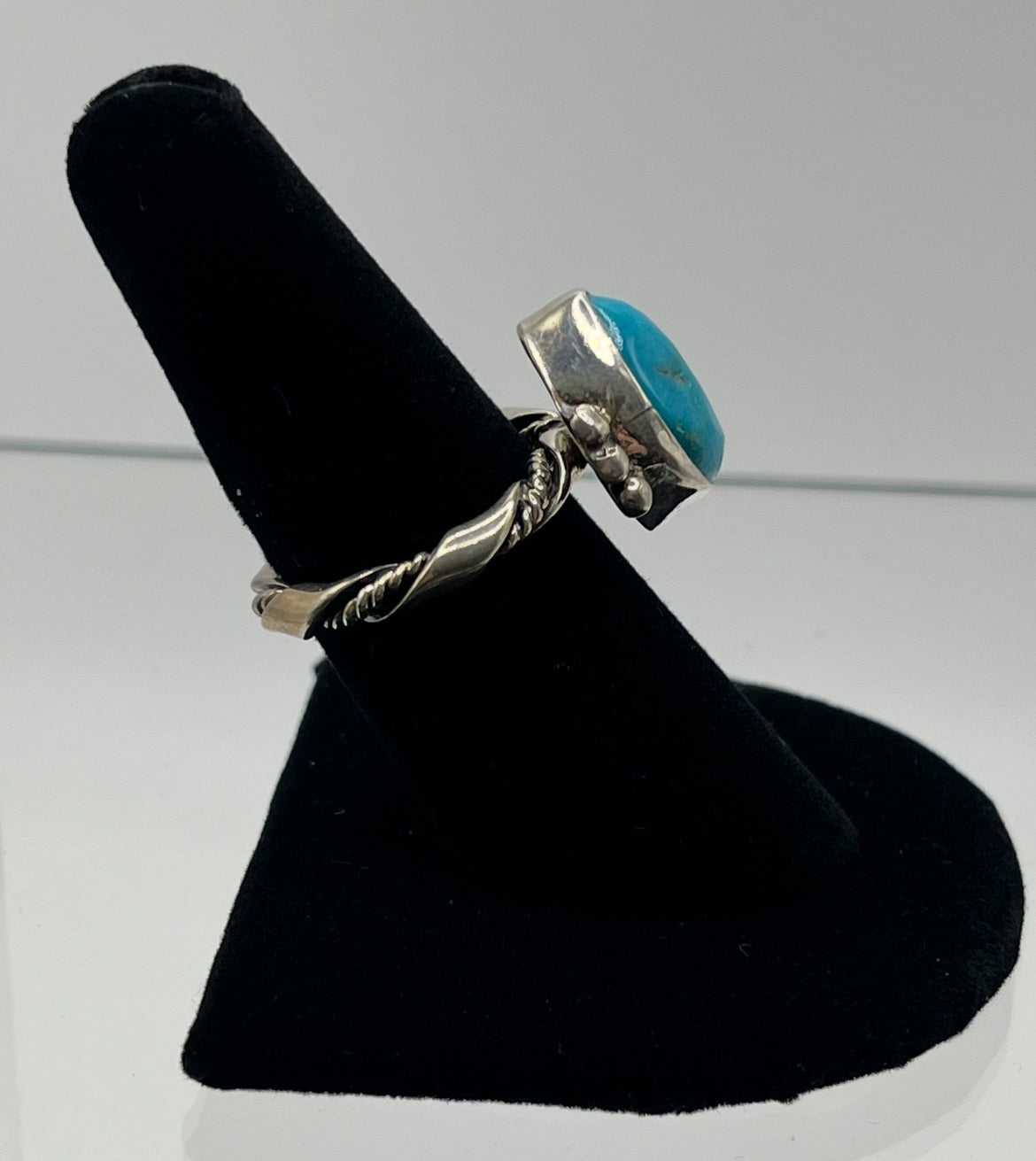 Turquoise and Sterling Silver Pear Shaped Ring with Rope Design Band; Size 7.75