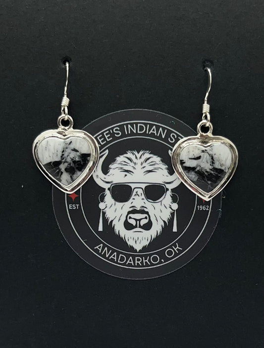 White Buffalo Turquoise and Sterling Heart Shaped Earrings