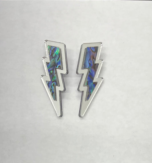 Lightning Bolt Earrings Silver acrylic and Abalone