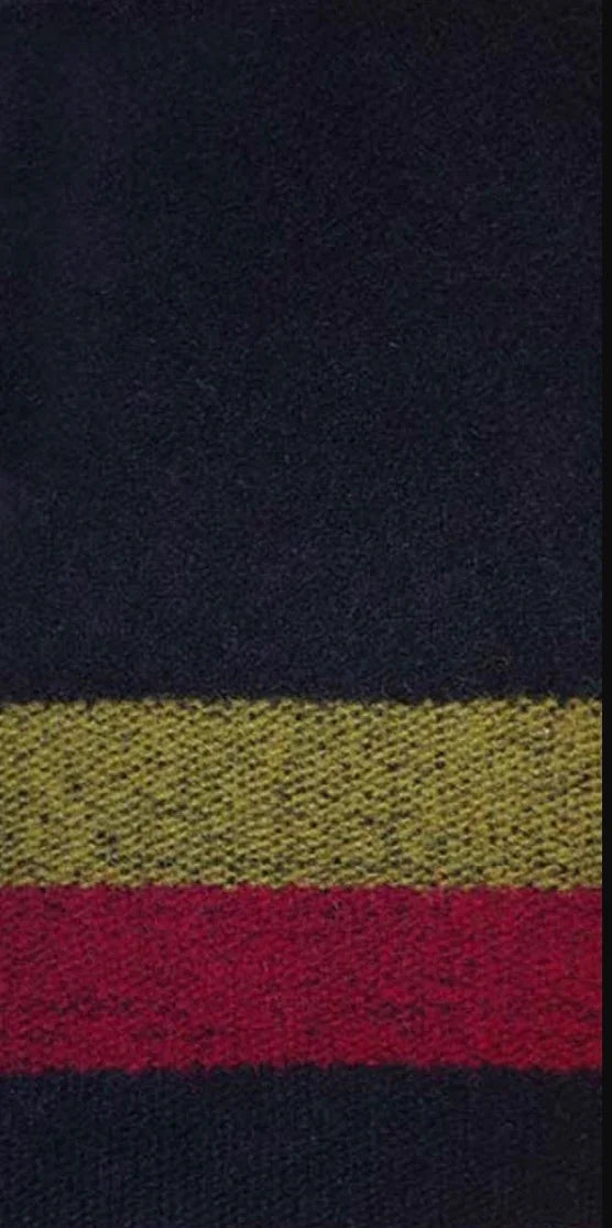 Dark fabric with yellow and red stripes, ideal for Native American craft and traditional clothing projects.