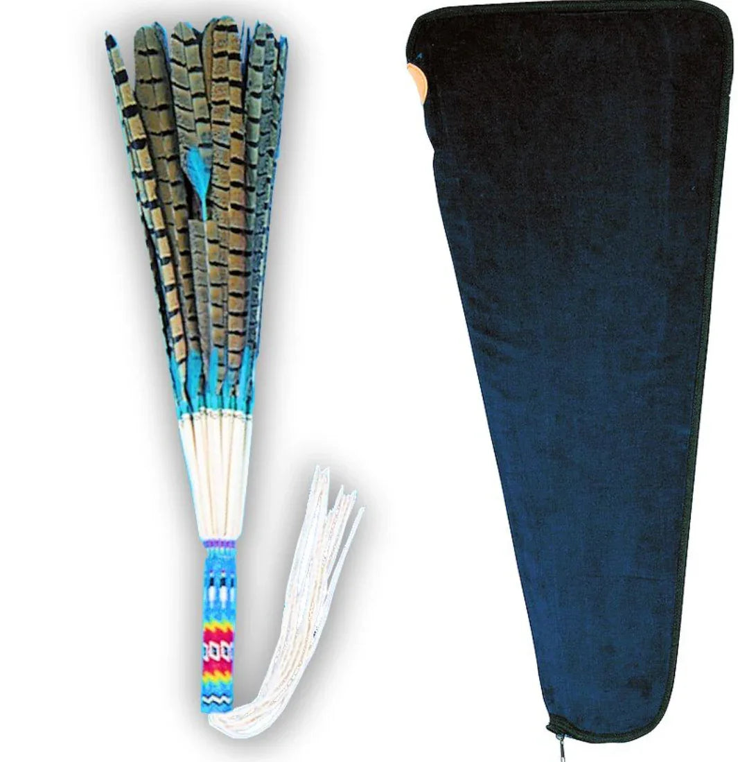 Native American feather fan with beaded handle and velvet storage case for traditional dance or ceremony