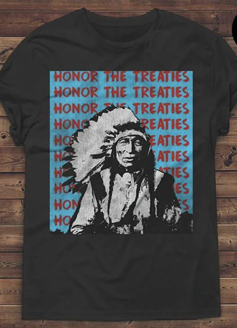 Black t-shirt with Native American chief graphic and 'Honor the Treaties' text, ideal for cultural art and traditional clothing enthusiasts.