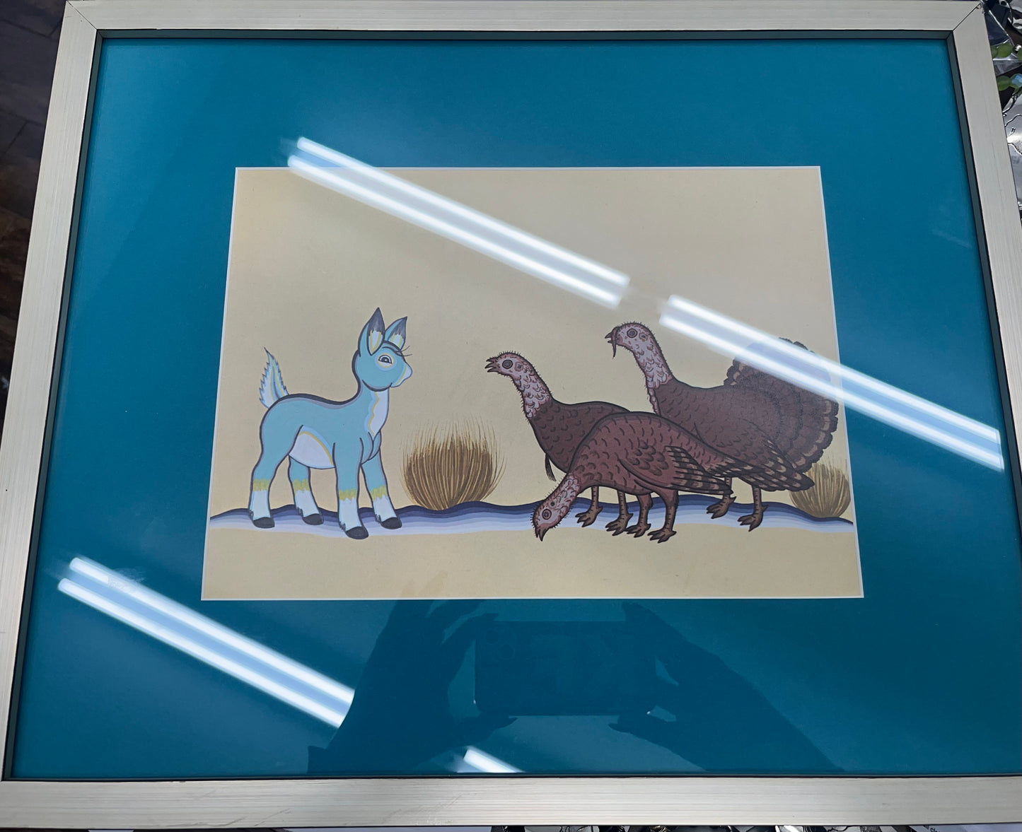 Acee Blue Eagle framed print; blue deer and turkeys from the book Echogee