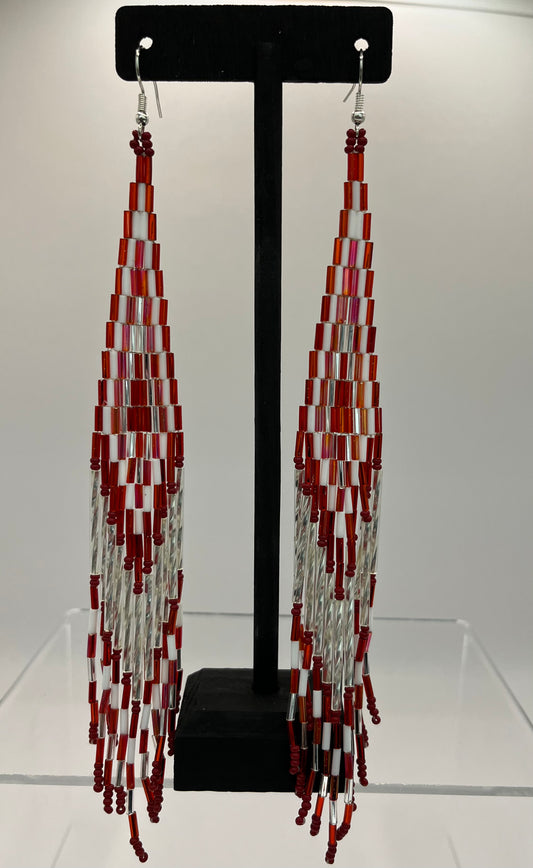 Shoulder Duster Beaded Earrings Red and White