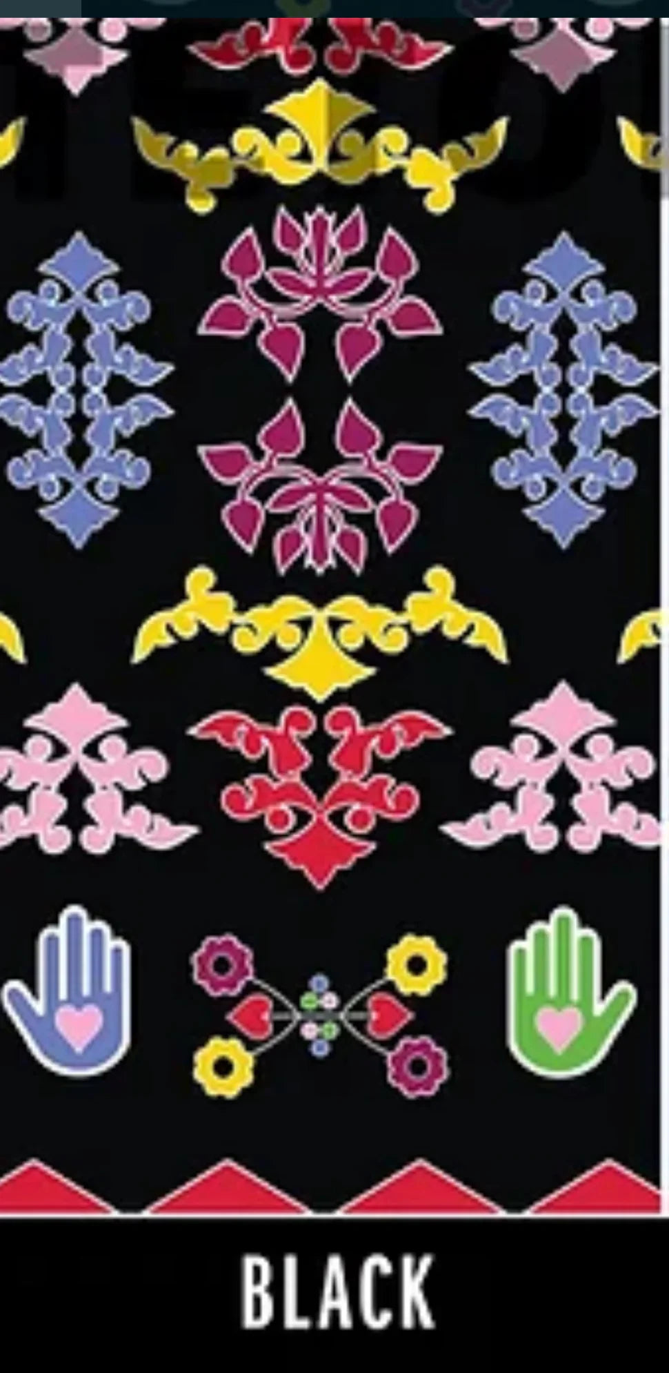 Black fabric with colorful Native American-inspired patterns, floral motifs, and hand symbols for crafts and traditional clothing.