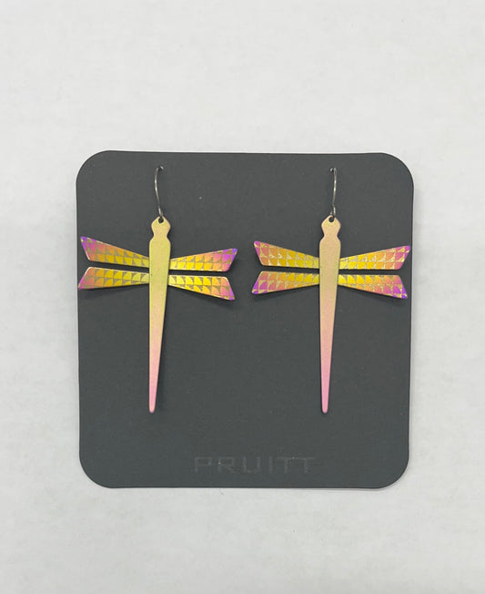 Pat Pruitt Dragonfly Titanium Earrings Gold and Pink Iridescent