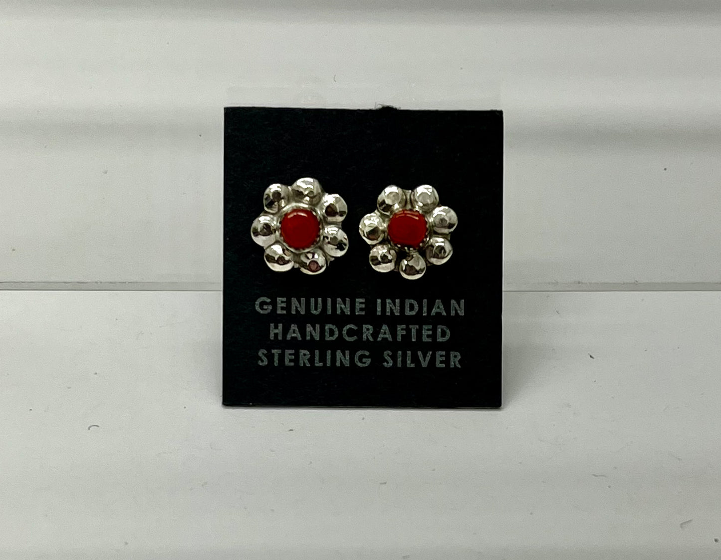Small Coral and Sterling Silver Flower Shaped Earrings