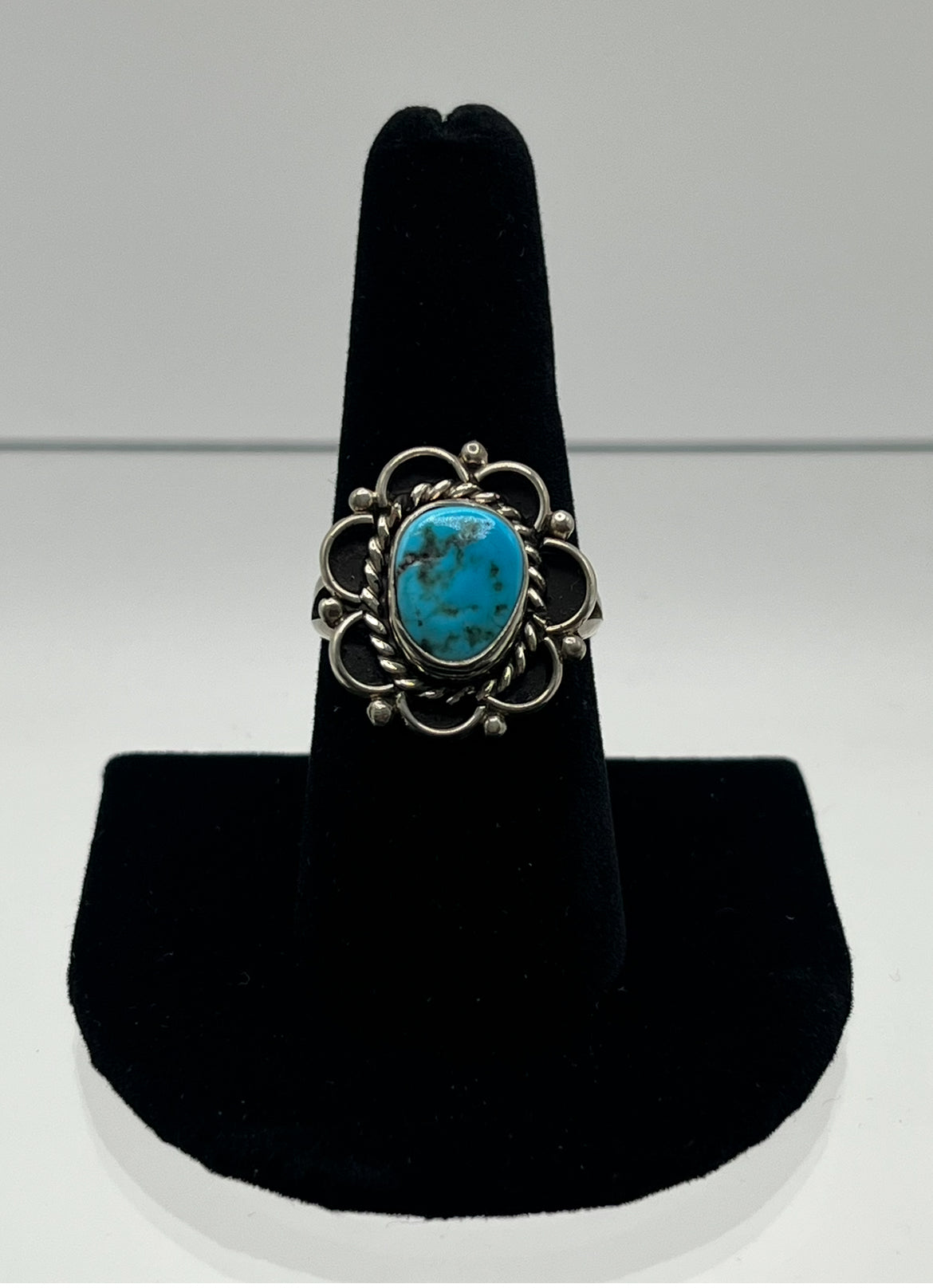 Turquoise and Sterling Silver Ring with Floral Detail; Size 9