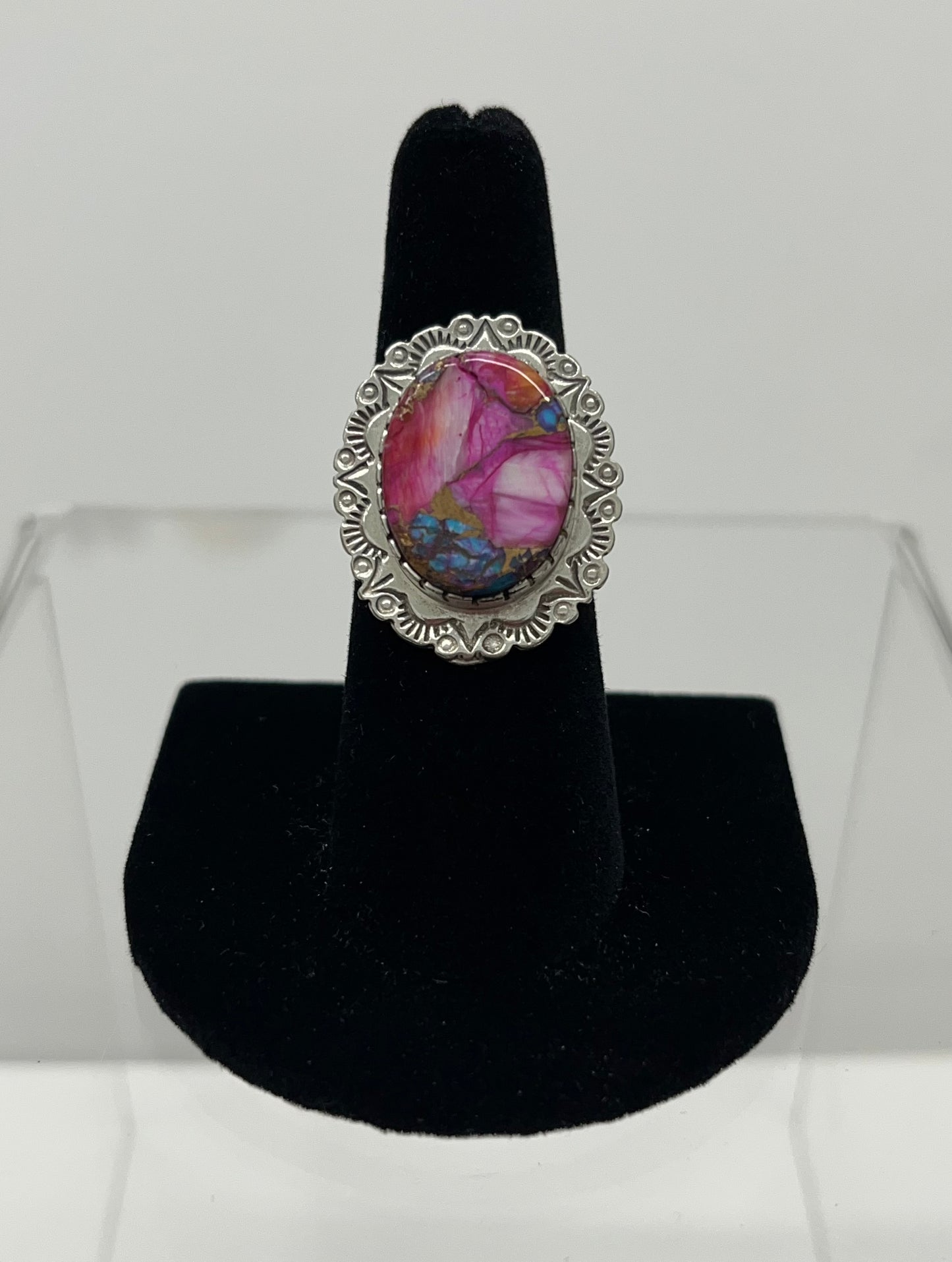 Pink Dahlia Turquoise and Sterling Silver Ring 7.25