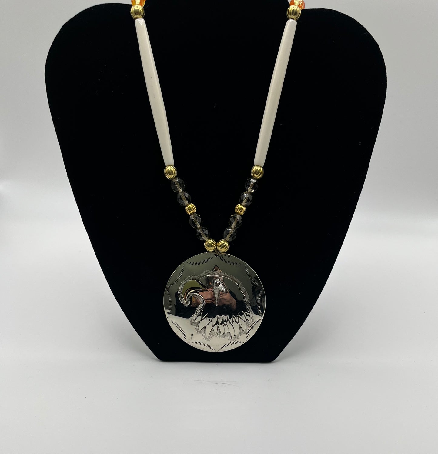 Charley Johnson German Silver Medallion with Bone and Beads; Eagle