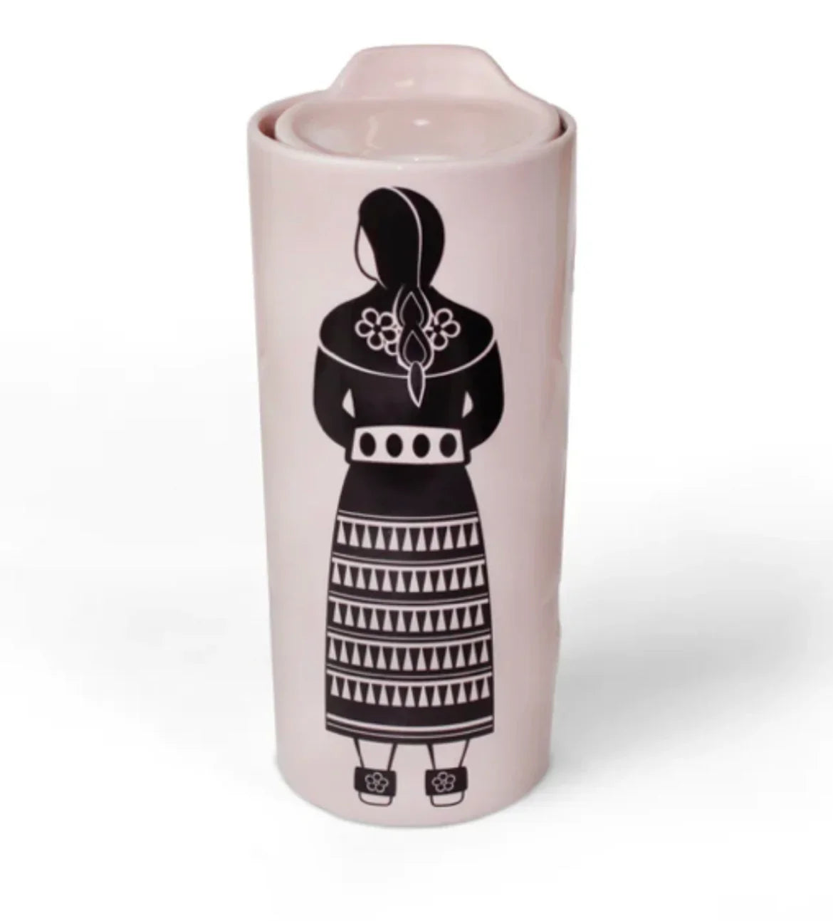 Pink travel mug with black Native American woman silhouette in traditional dress, geometric patterns