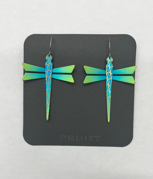 Pat Pruitt Dragonfly Titanium Earrings Blue and Green Iridescent