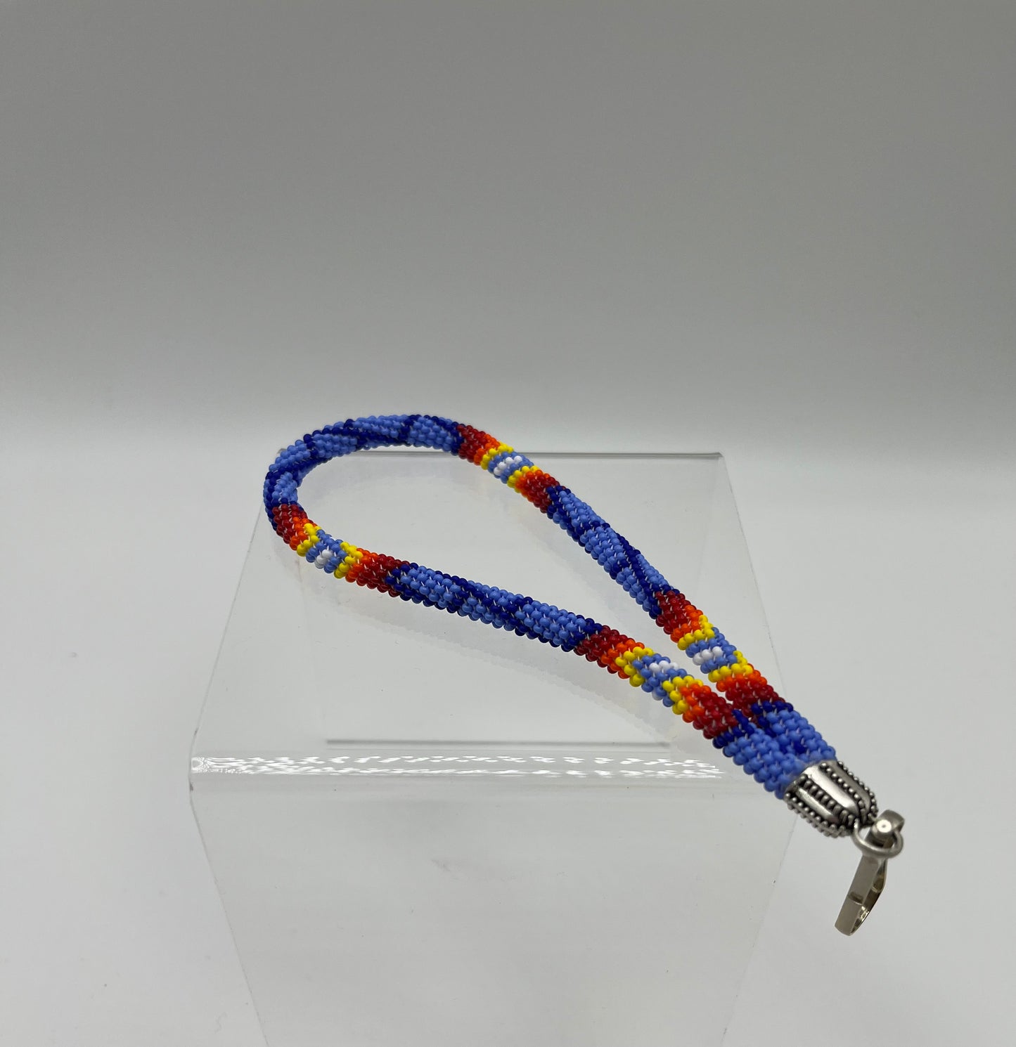 Beaded Keychain Wristlet; Cornflower Blue with Red and Yellow Detail