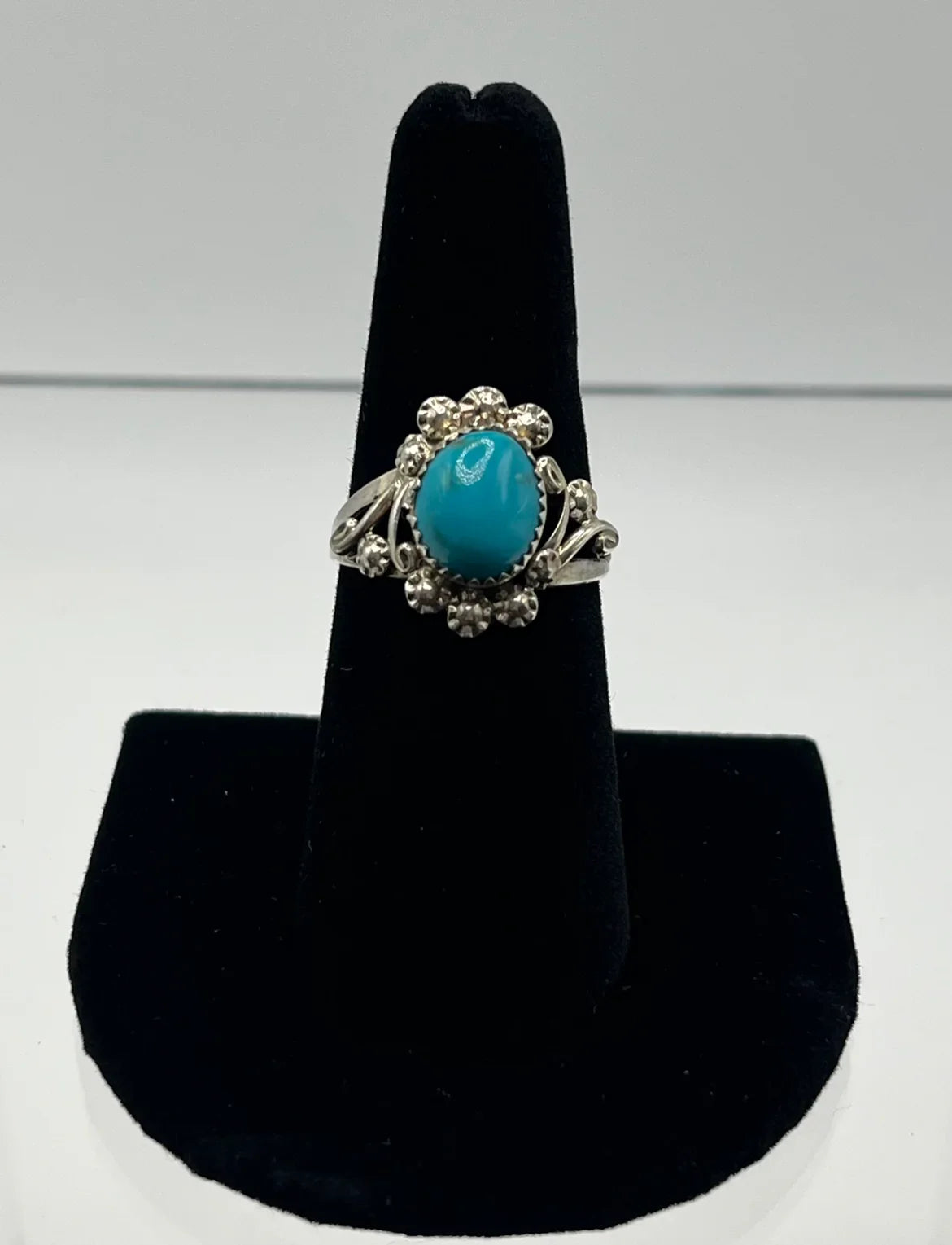 Turquoise and Sterling Silver Ring with Floral Detail; Size 8