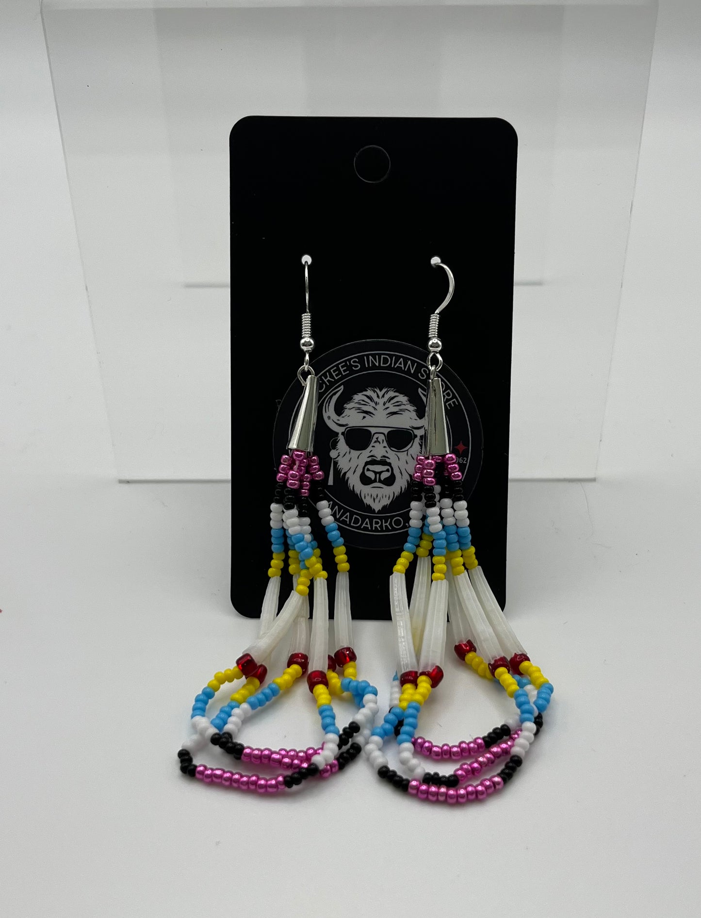 Beaded Earrings with Dentalium; Hot Pink and Light Blue