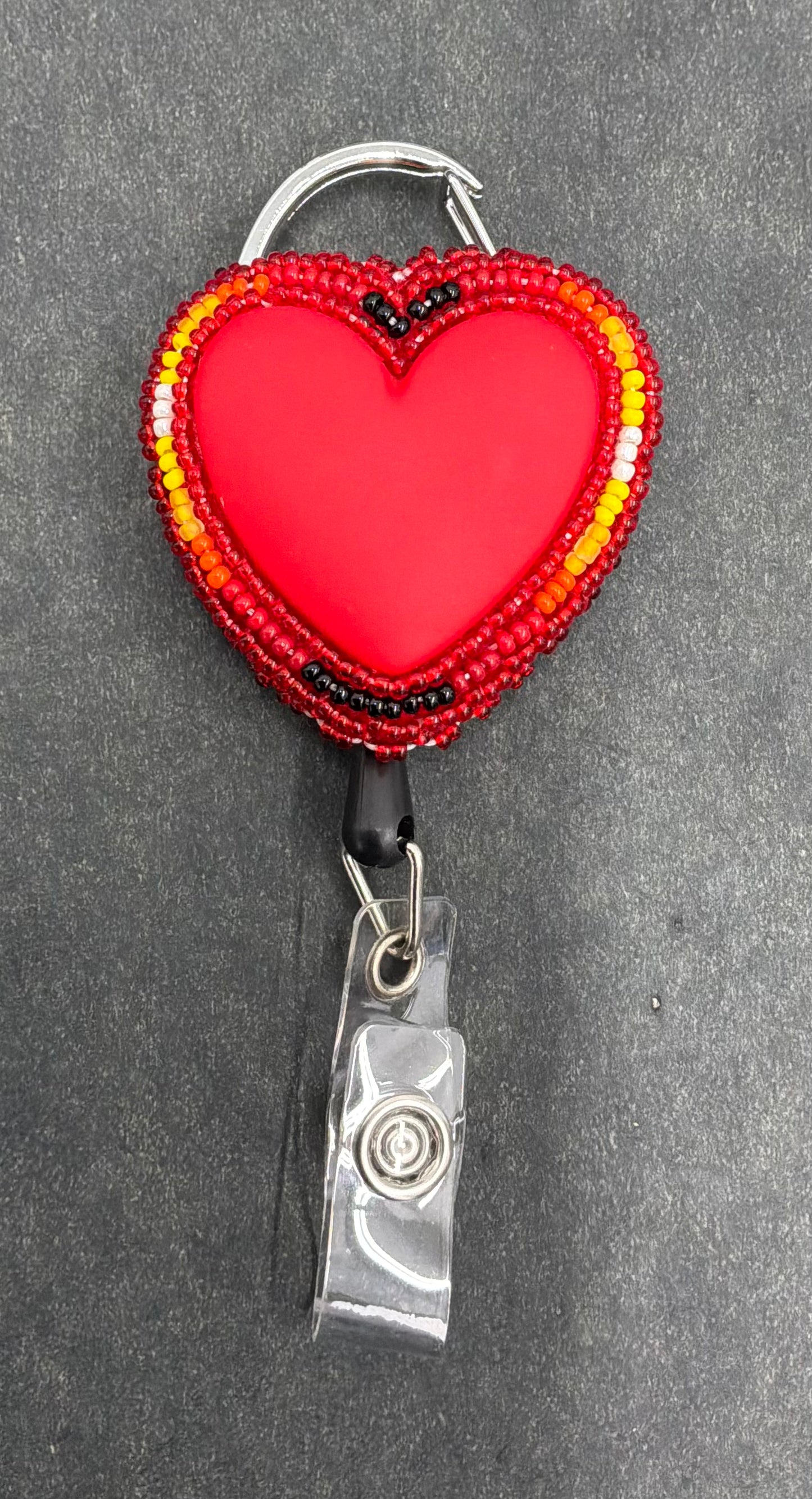 Beaded Retractable ID/Badge Holder; Red Heart