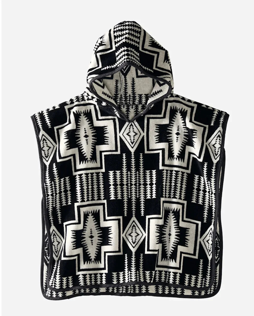 Black and white geometric patterned hooded poncho, traditional Native American design
