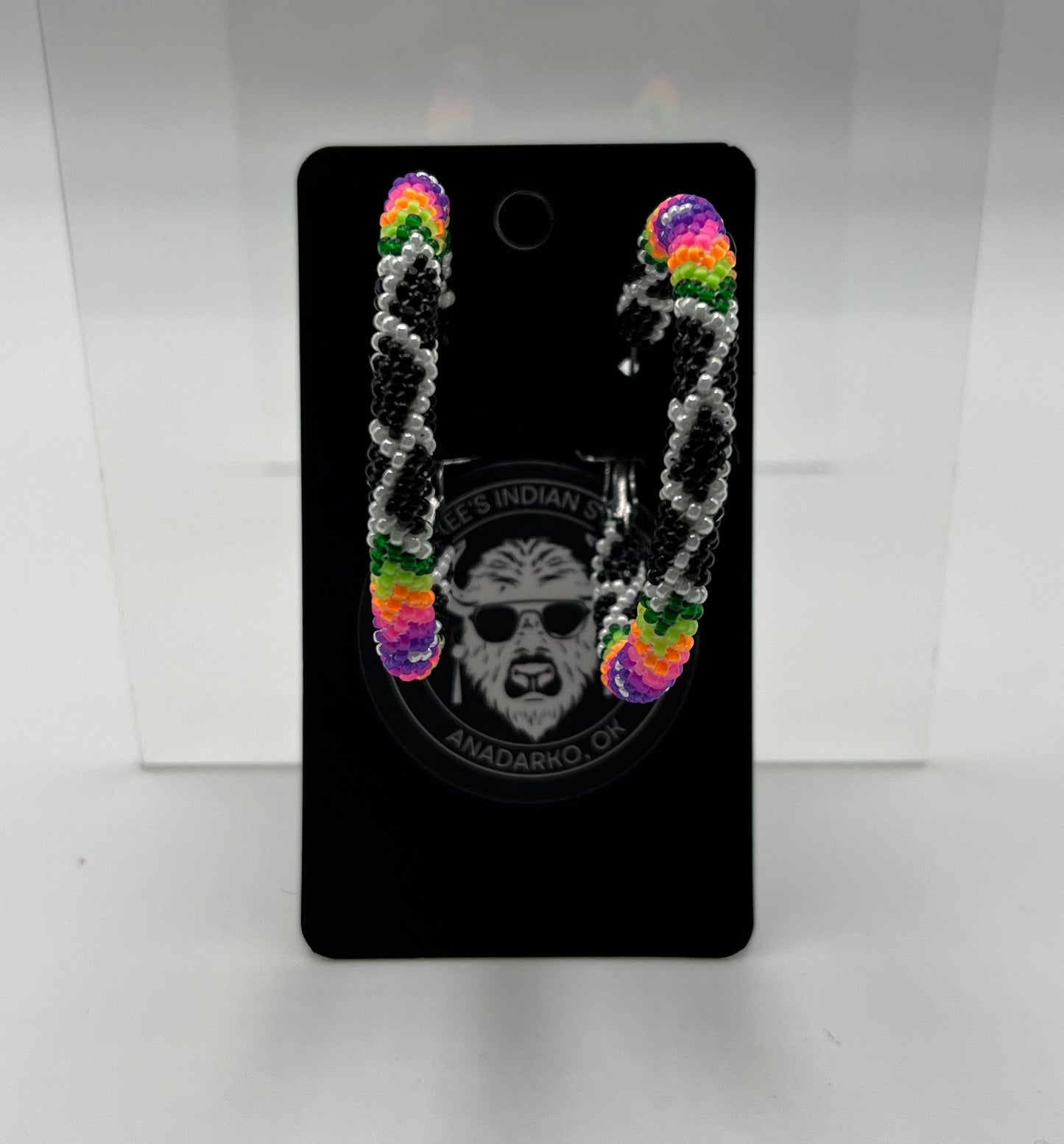 Large Beaded Hoops; Black with White and Neon Detail