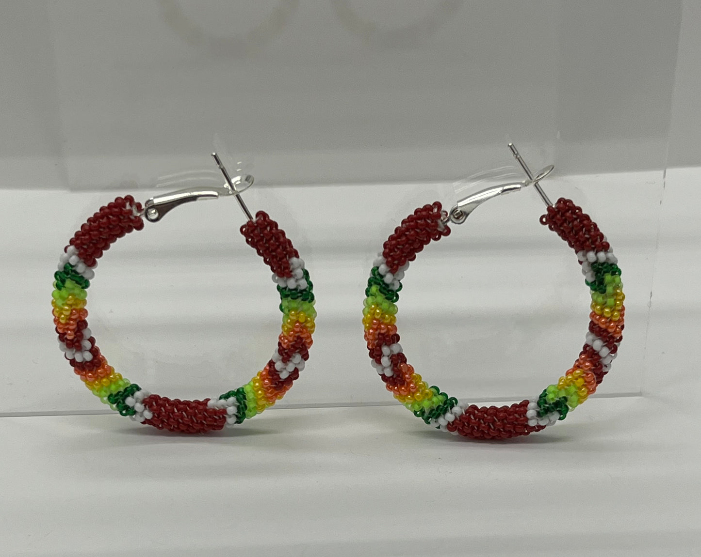Medium Beaded Hoop Earrings; Dark Red