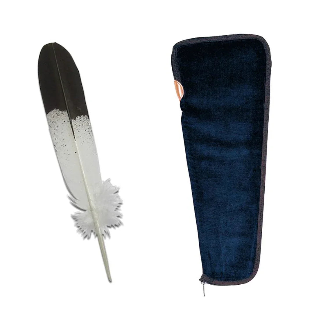 Black and white eagle feather with navy velvet pouch for Native American craft supplies