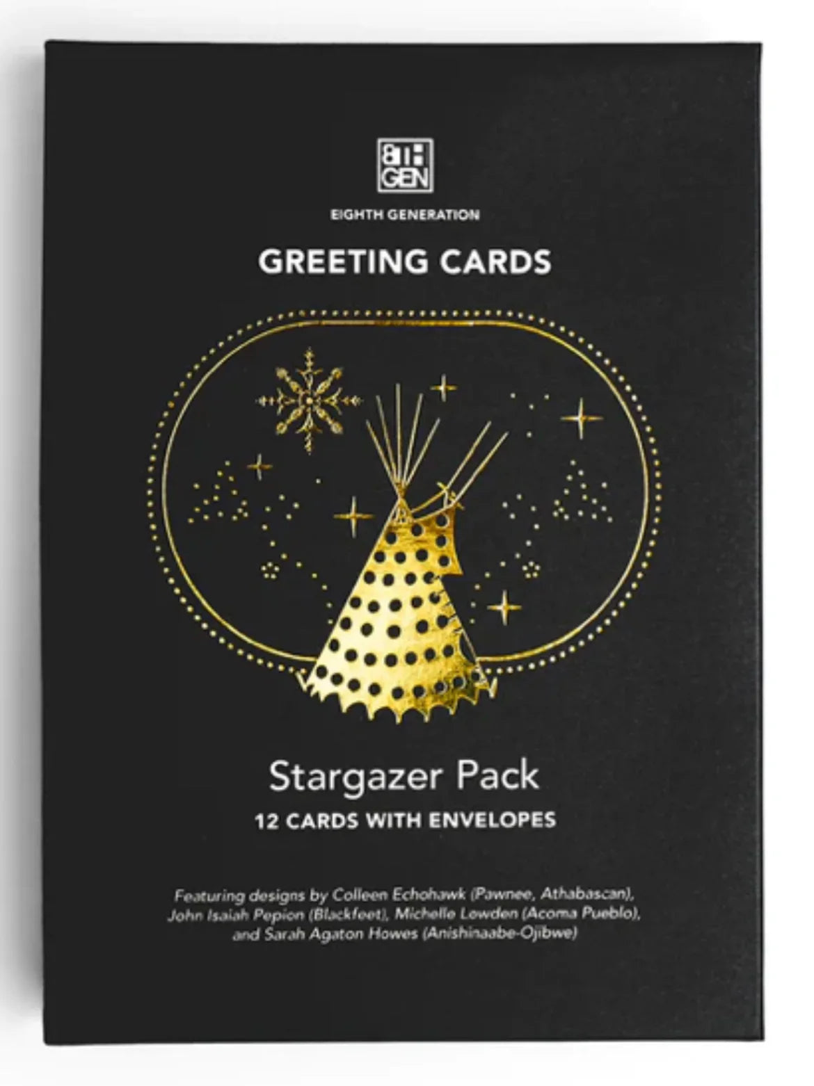 Eighth Generation Stargazer Pack greeting cards with Native-inspired teepee design, 12 cards with envelopes