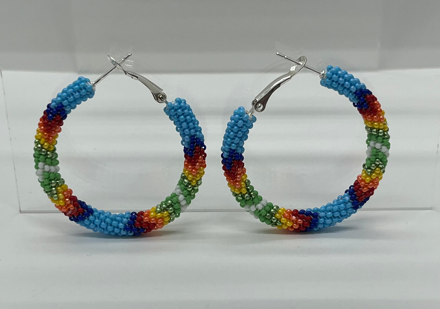 Medium Beaded Hoop Earrings; Blue