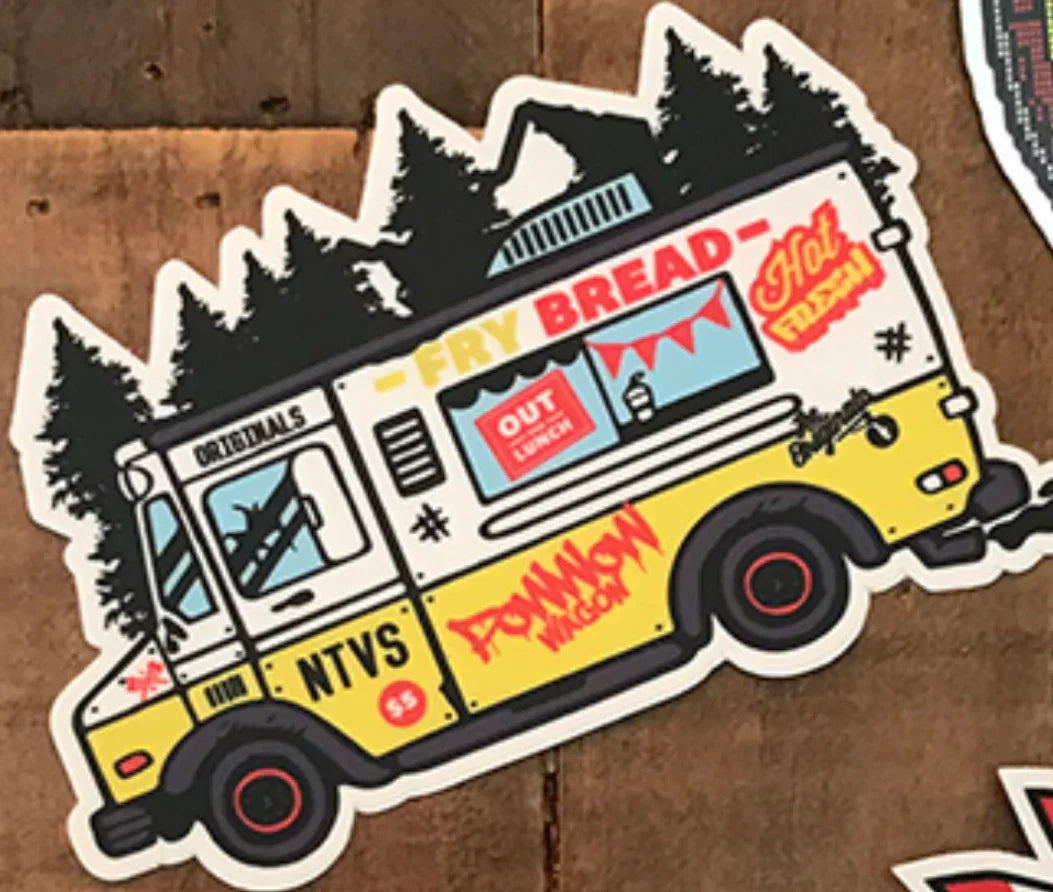 Fry Bread food truck sticker with 'Pow Wow Wagon' and pine trees, Native American art style