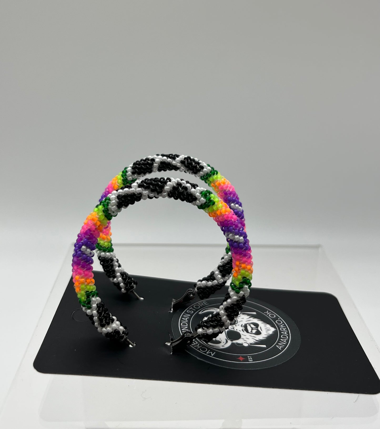 Large Beaded Hoops; Black with White and Neon Detail