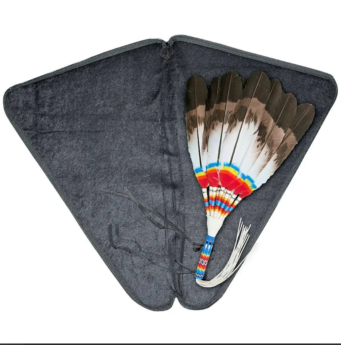 Native American beaded feather fan with colorful quills in gray velvet case, traditional craft supply