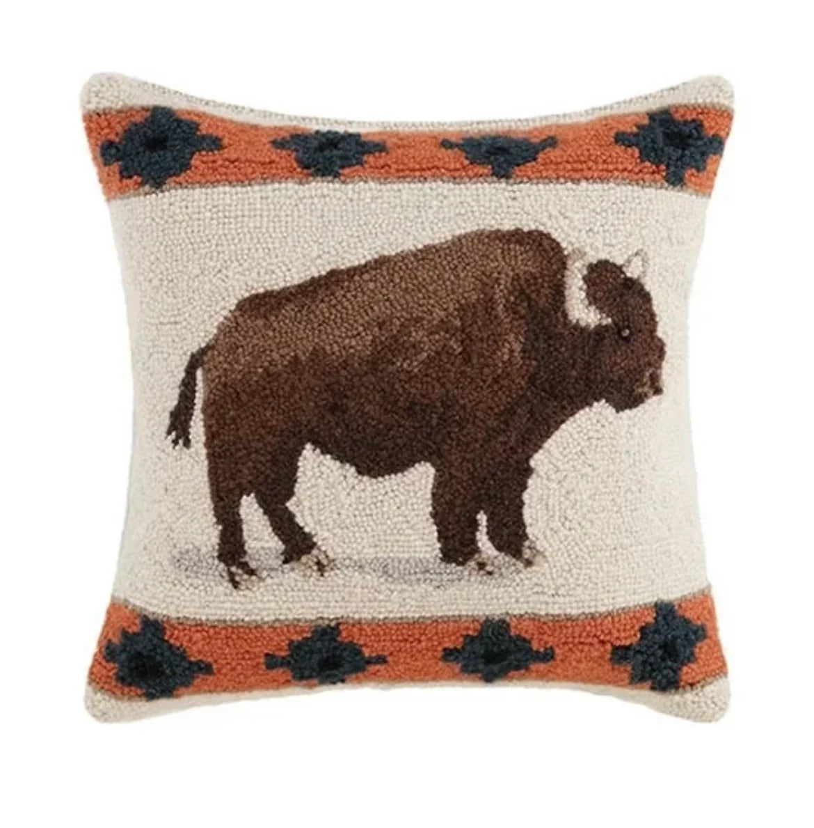 Native American style bison throw pillow with geometric border, handmade textile decor