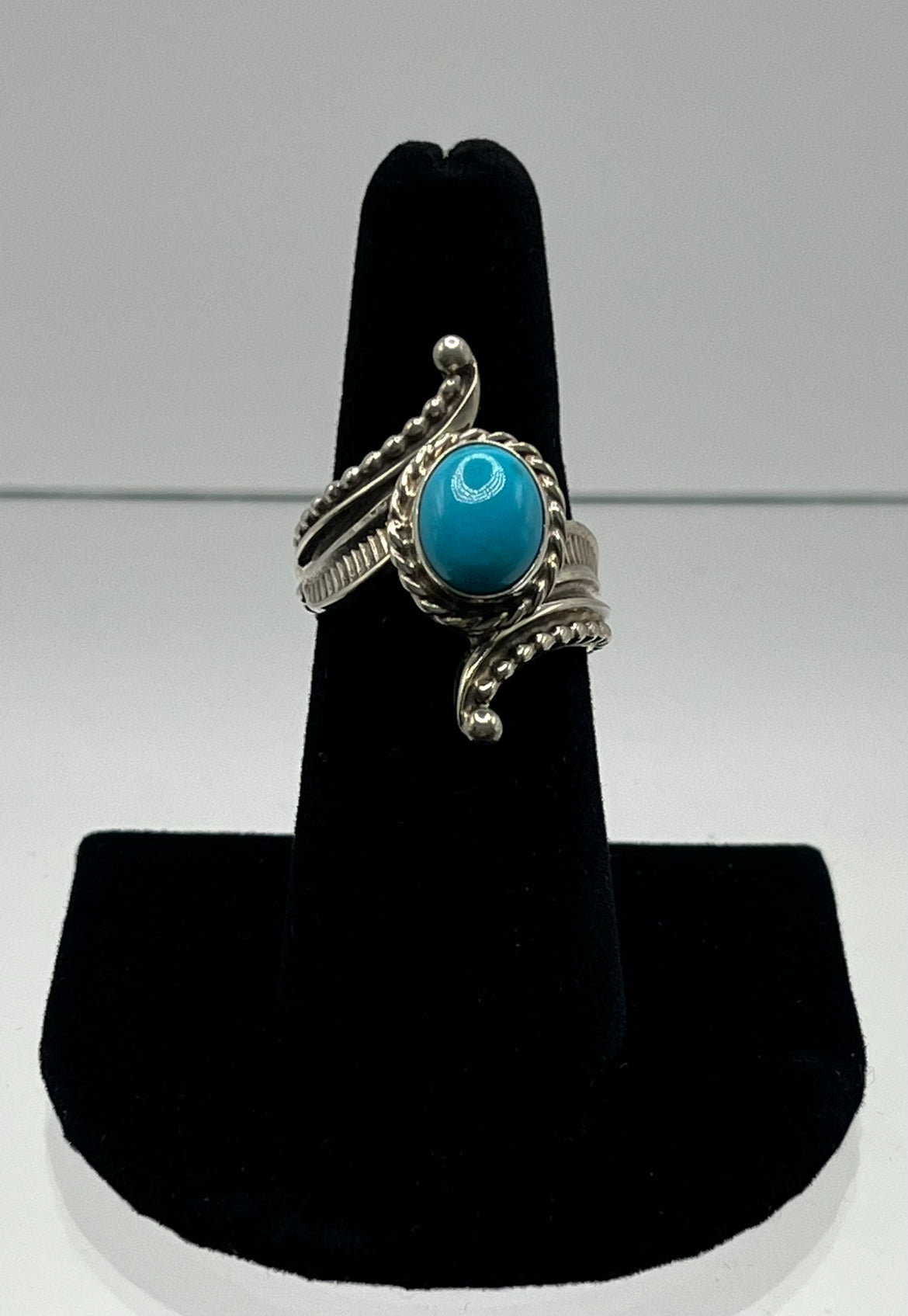 Turquoise and Sterling Silver Ring with Twist Design; Size 9