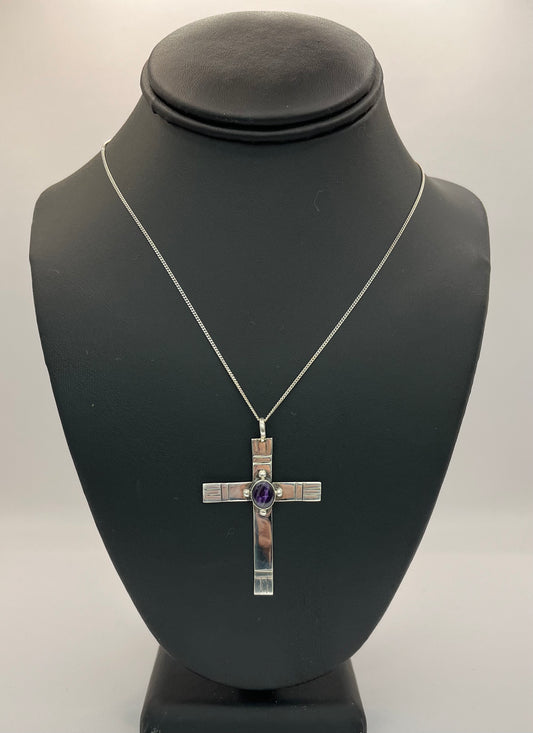 Sterling Silver Cross with Purple Spiny Oyster on Chain