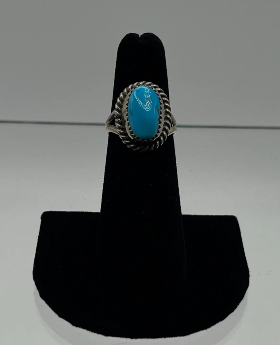 Blue Turquoise and Sterling Silver Ring with Twist Edge Detail; Size 6