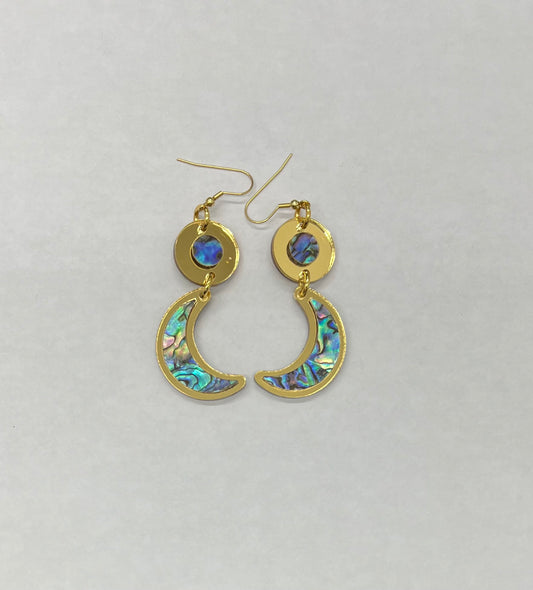 Gold and Abalone Crescent Moon acrylic earrings