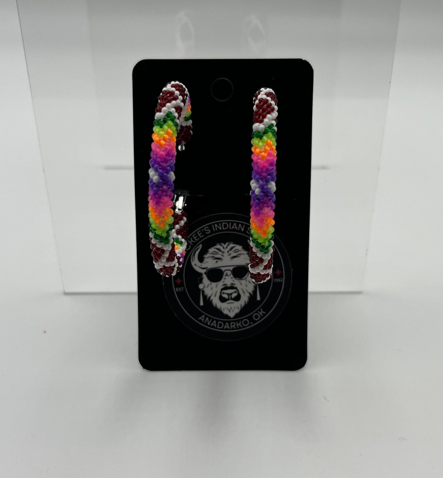 Large Beaded Hoops; Dark Red with White and Neon Detail