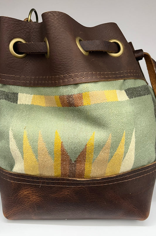 Convertible Drawstring Leather Bag with Wool Pendleton Panel